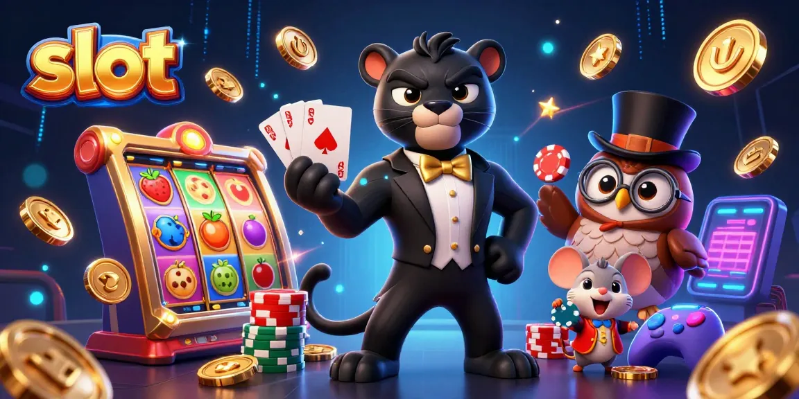 Spin the slot reels with a stylish panther dealer and charming owl at a vibrant casino scene.