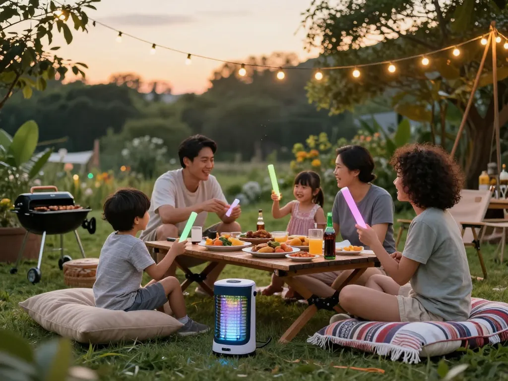 Family enjoying outdoor barbecue with mosquito repellent products and a bug zapper for protection.