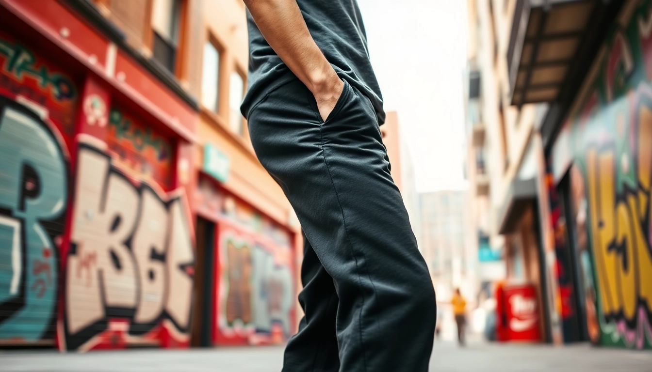 Model showcasing black sweatpants against vibrant city backdrop, emphasizing style and comfort.