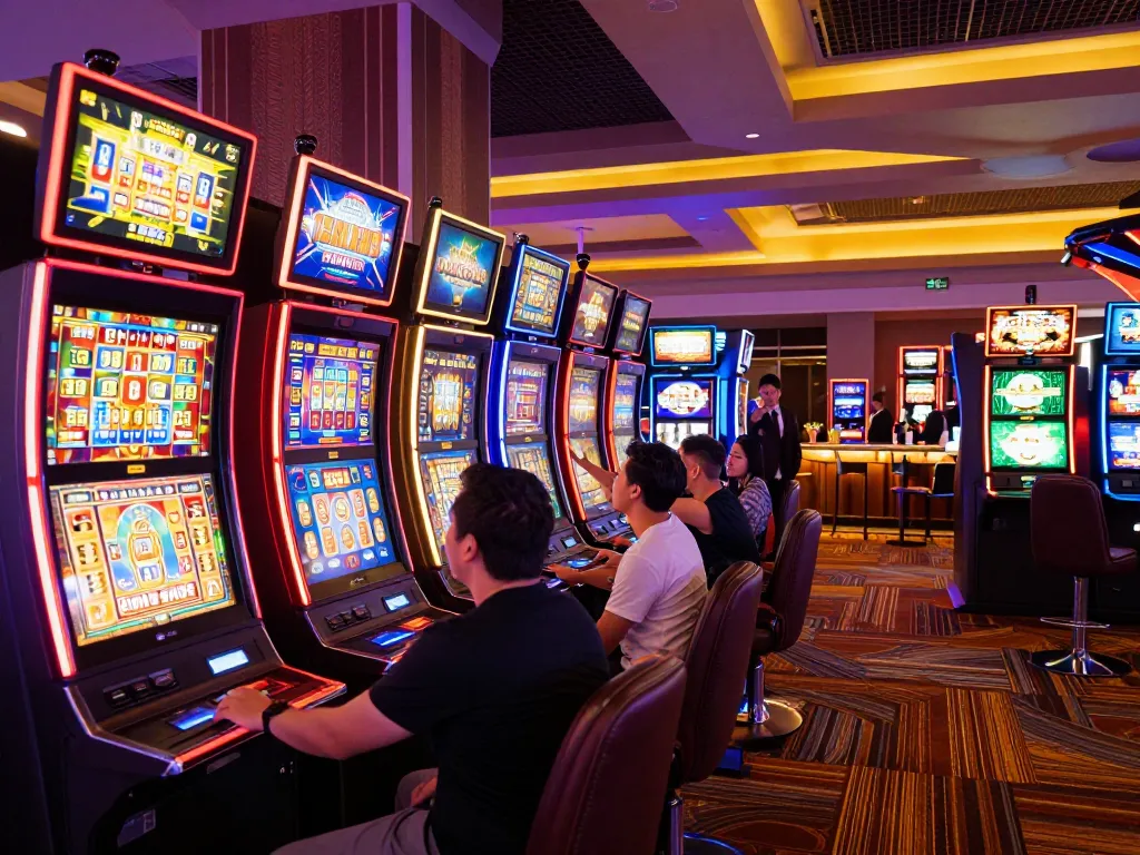 Players engaging with colorful slot machines in a vibrant casino atmosphere.