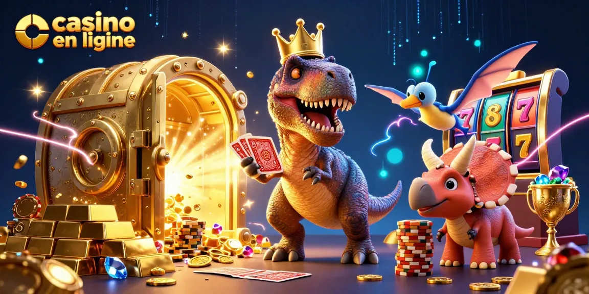 Illustration dynamique de casino en ligne avec un T-Rex et des jetons d'or, ambiance ludique.