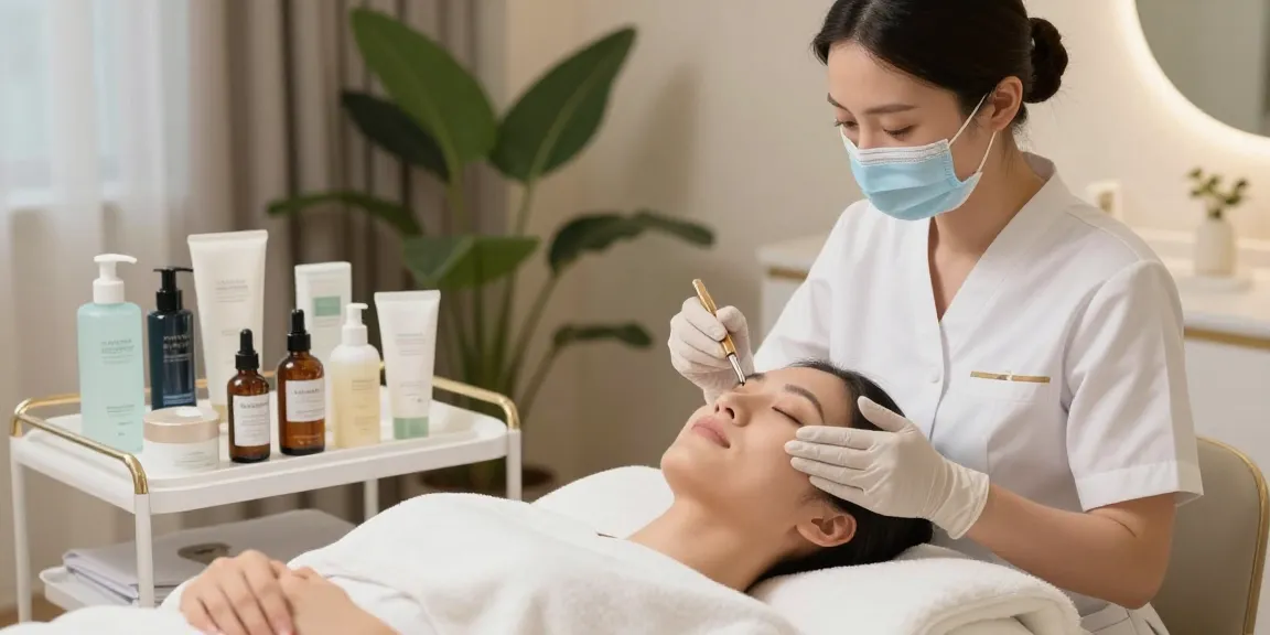 Un estetician profesionist aplicând produse de îngrijire a pielii de înaltă calitate într-un spa liniștit.