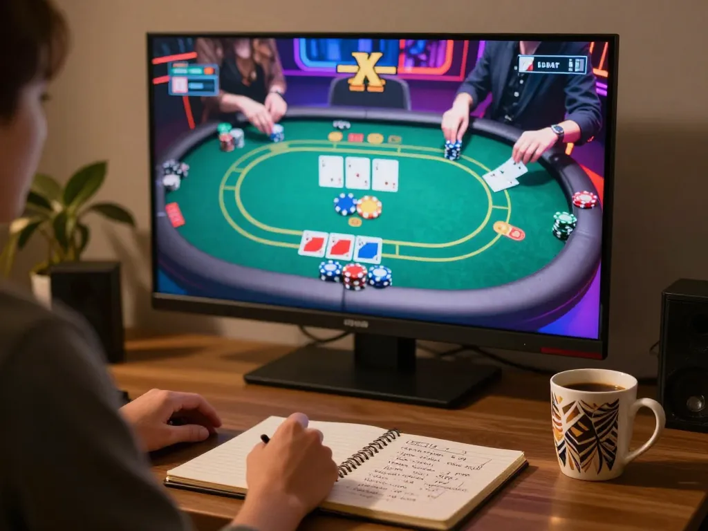 Player immersed in online g28 casino gaming strategy with colorful poker setup