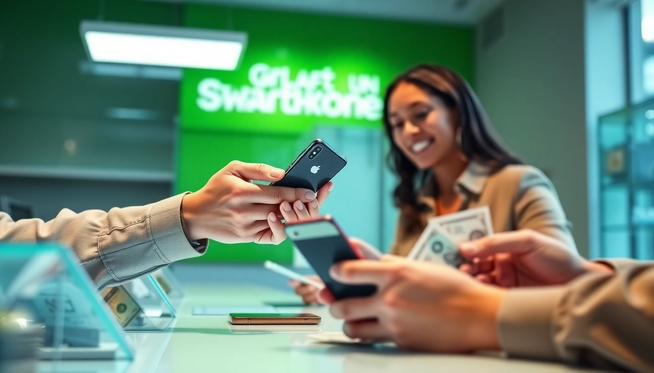 Sell my phone instant cash transaction with an enthusiastic customer handing over a smartphone.