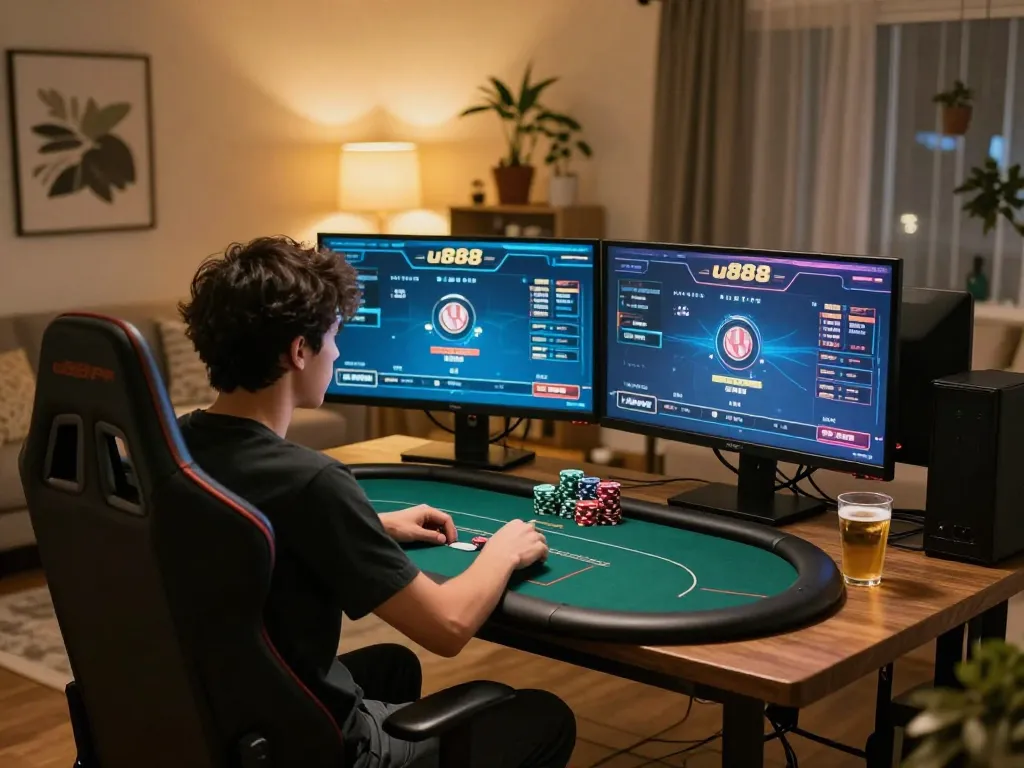 Player engaging in online poker on u888poker platform with strategic focus in cozy home setup