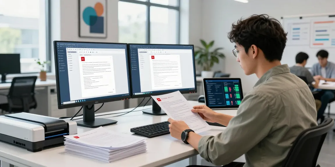 Detect fake PDF documents with advanced AI technology in a modern office setting.
