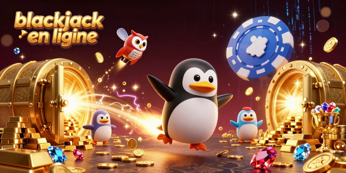 Jouez au blackjack en ligne avec un pingouin doré et une station spatiale en forme de jeton.