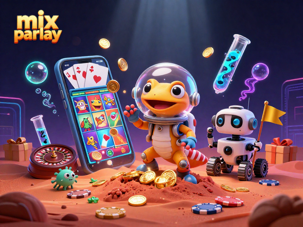 Engage with mix parlay: A Martian gecko and companions celebrate winning in a vibrant casino scene.
