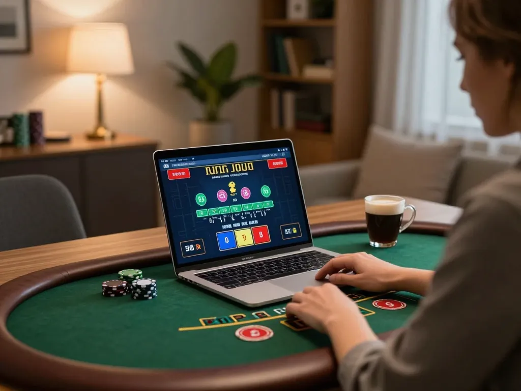 Player engaging in w 88 online blackjack at a modern home desk with live dealer interface.