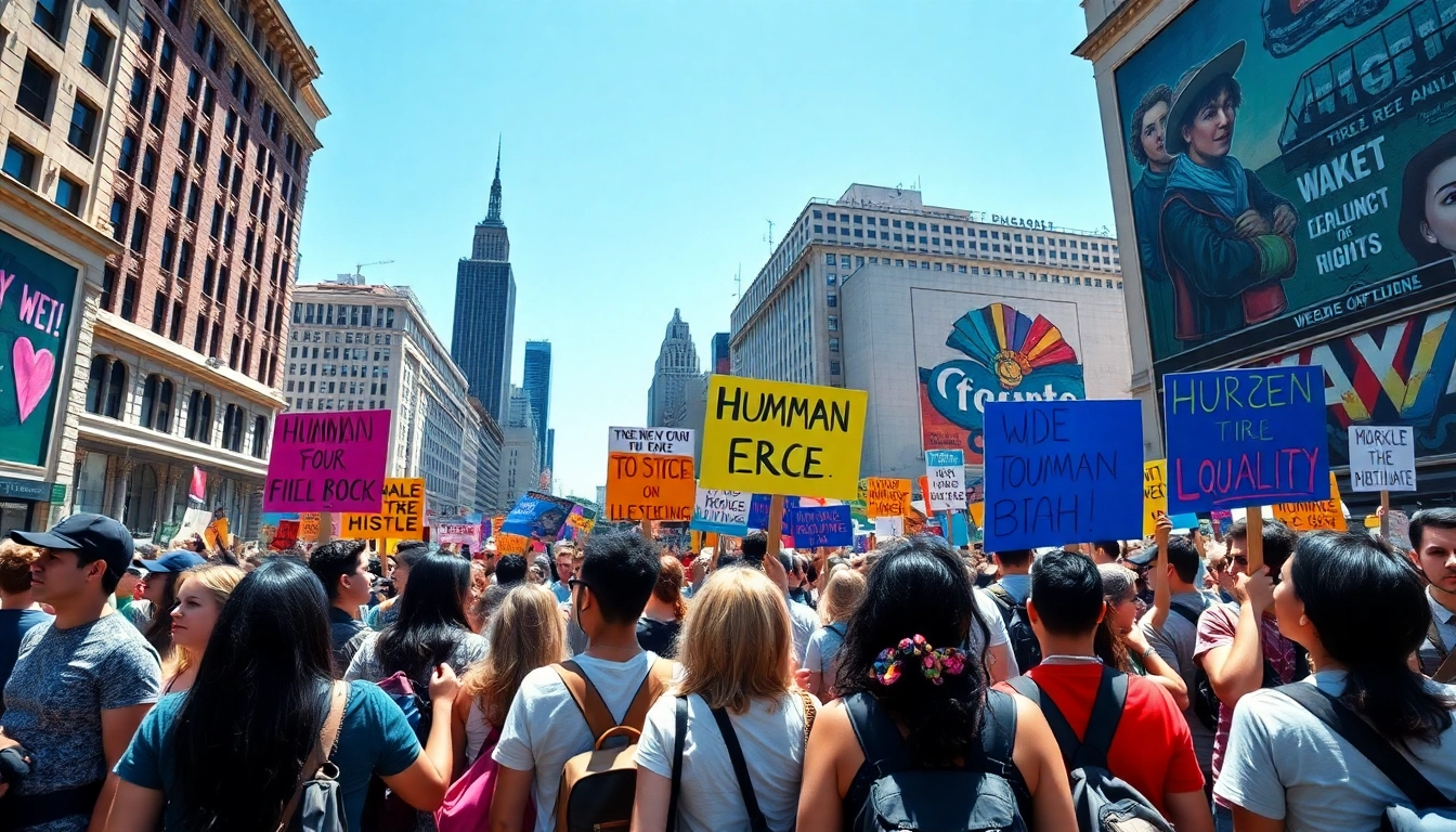Human Rights activists passionately advocating for equality in a vibrant city square.