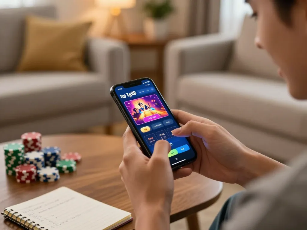 Engaging player accessing tg88 trang chủ via smartphone app in a cozy home environment, focusing on strategic gameplay.