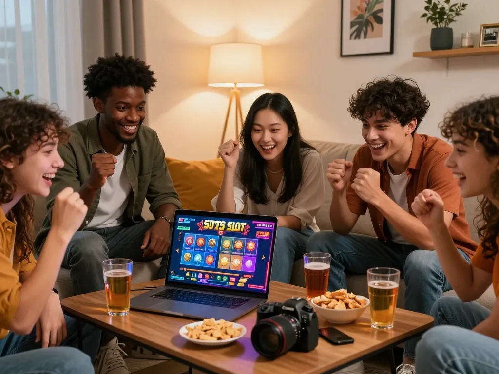 Seperangkat teman yang beragam menikmati situs slot games di laptop di ruang tamu yang nyaman, merayakan kemenangan dengan camilan dan minuman.