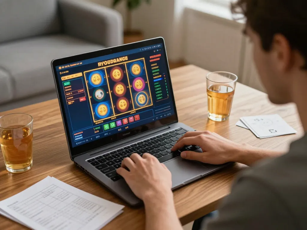 Engaging moment of online gambler enjoying slot88 gameplay from a cozy home workspace, depicting strategic engagement.
