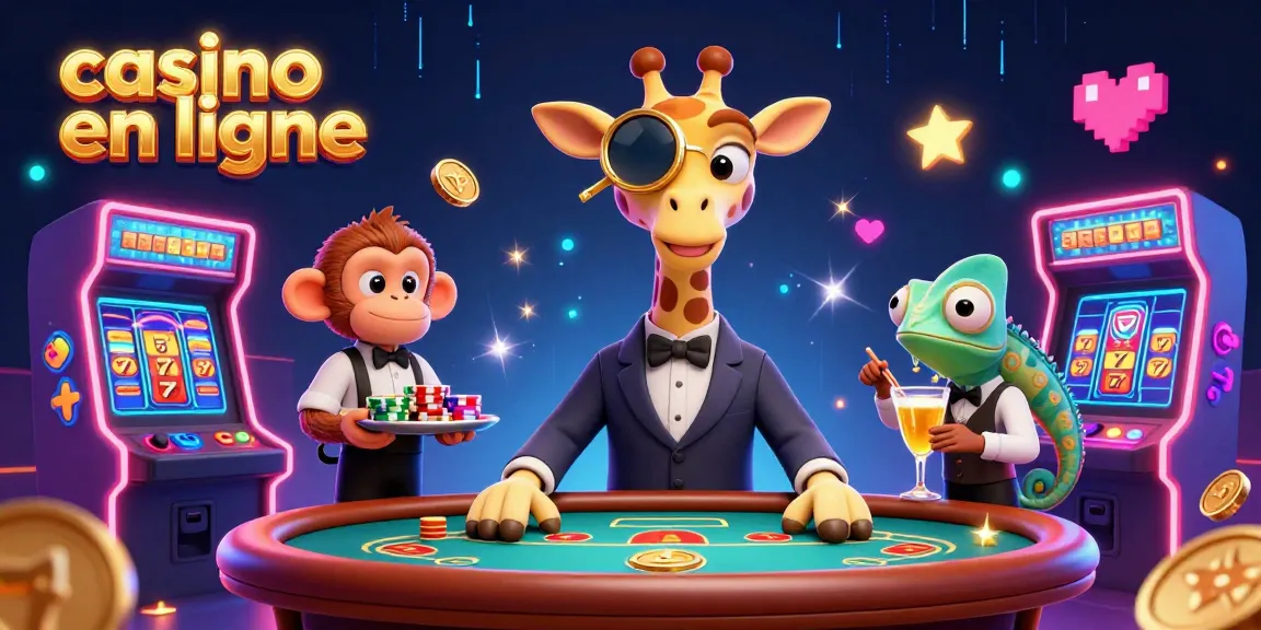 Une girafe en costume élégant jouant à un jeu de casino en ligne, entourée d'éléments de machines à sous colorées.