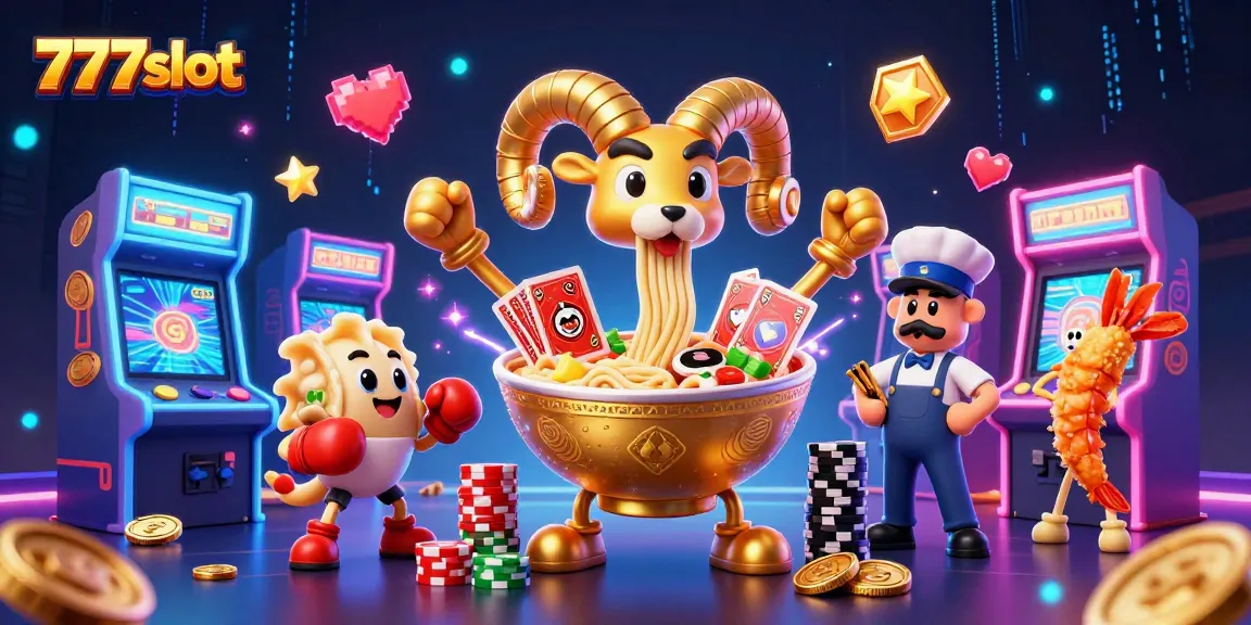 Putar mesin slot 777slot dengan karakter unik seperti ramen dan sushi dalam suasana kasino yang ceria.