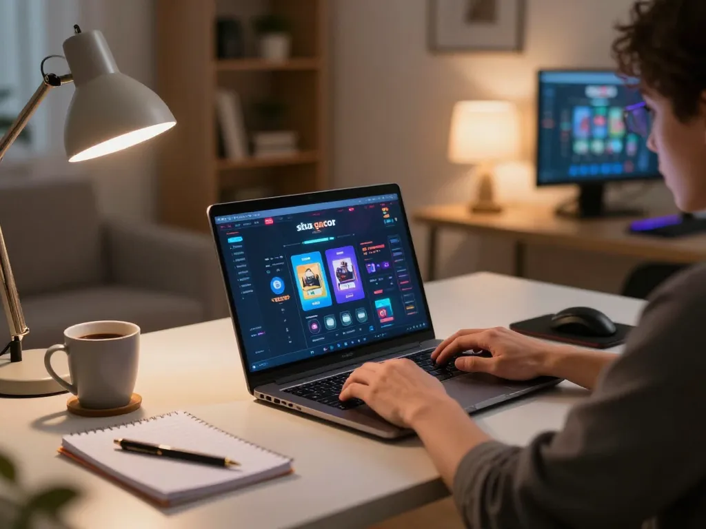 Playing situs gacor slot games online with a laptop in a cozy gaming setup