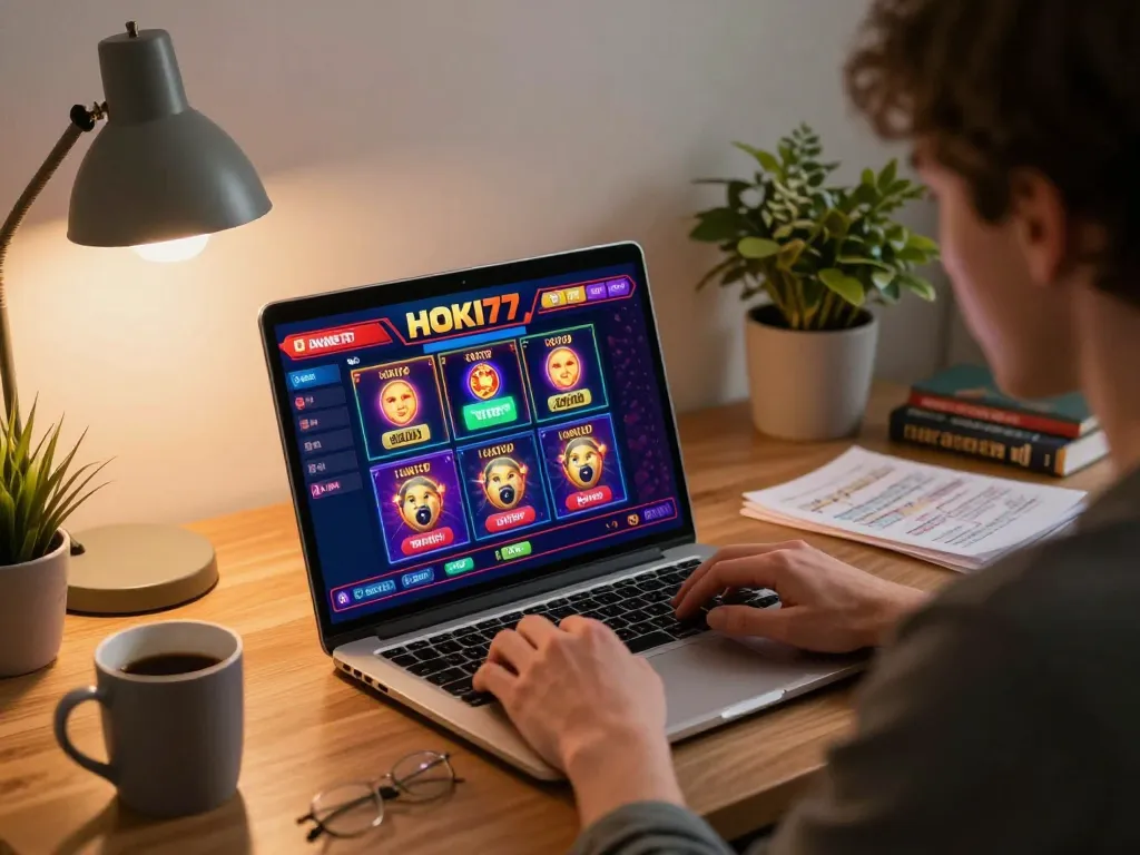 Pemain yang terlibat berinteraksi dengan slot online HOKI77 heylink di laptop dalam pengaturan kantor rumah yang nyaman.