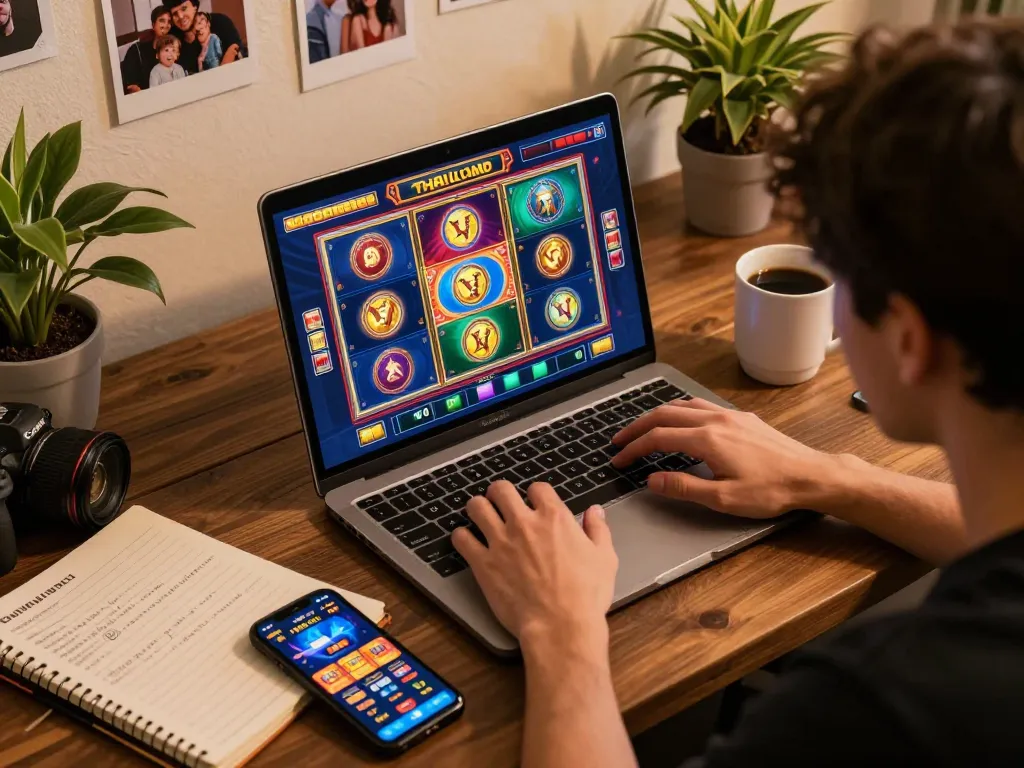 Player engaging with slot server thailand online on a laptop in a cozy home setting, emphasizing strategic gameplay.