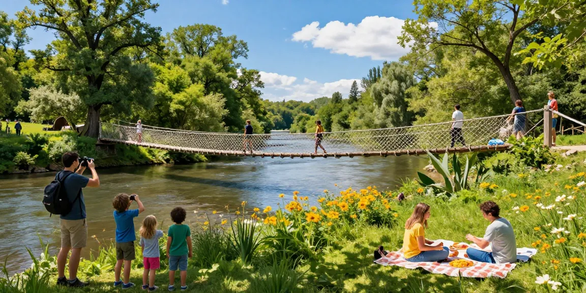 River Rope Bridge crossing a tranquil river with hikers enjoying nature's beauty and vibrant flowers.