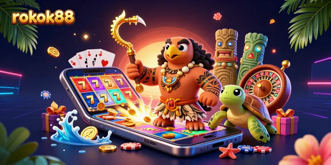 Spin and win at rokok88 with vibrant slot games featuring colorful elements and a Polynesian hawk.