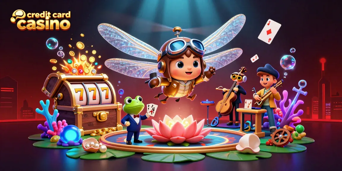 Engage with exciting action at a credit card casino featuring a dragonfly pilot, frog croupier, and jazz musicians.