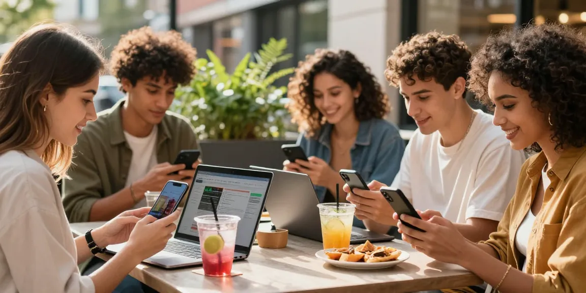 Youthful group collaborating at trendy café, showcasing influencer marketing agency kl strategies.