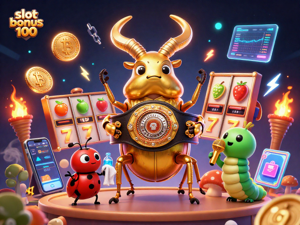 Engage with slot bonus 100 in this lively 3D scene featuring a golden stag beetle and casino elements.
