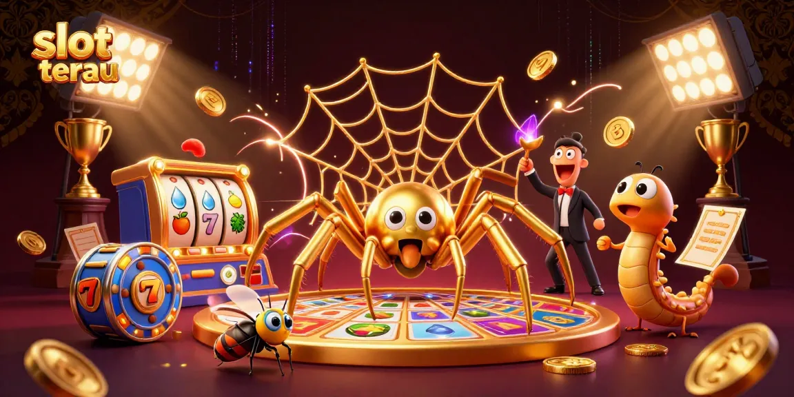 Experience the excitement of slot terbaru with this dynamic illustration featuring a golden spider and animated slot elements.