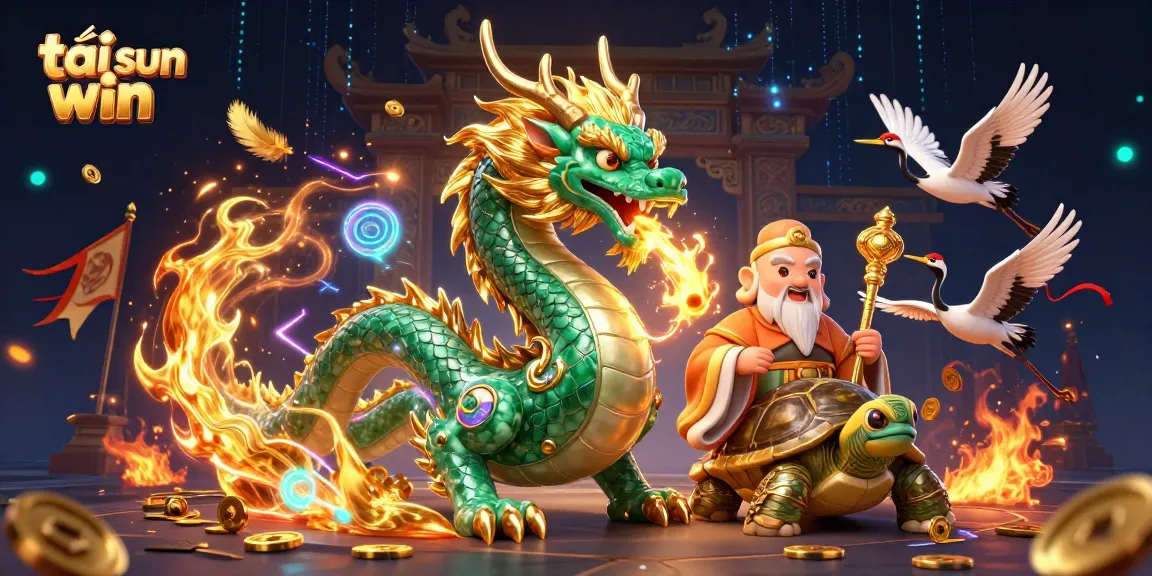 Experience the thrill of tải sun win with a dynamic scene of a jade dragon and lucky cranes amidst a vibrant casino atmosphere.