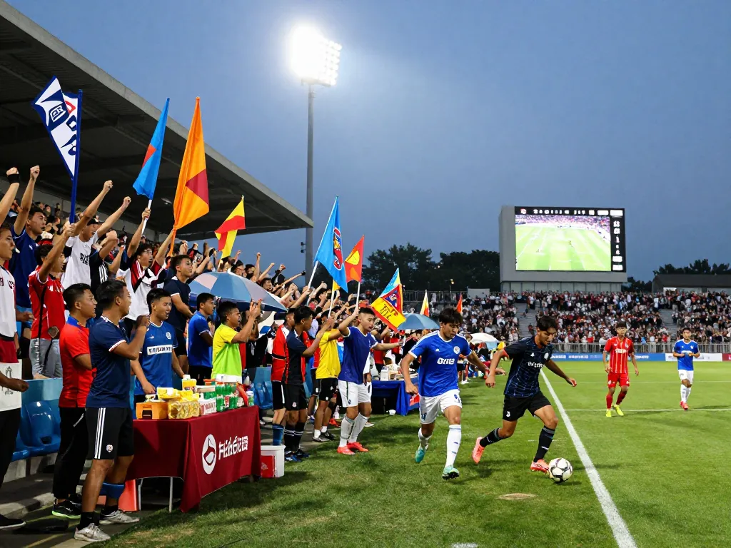 Exciting soccer match atmosphere at Cakhiatv24h.com live event, fans cheering, players on the pitch, vibrant stadium lights.