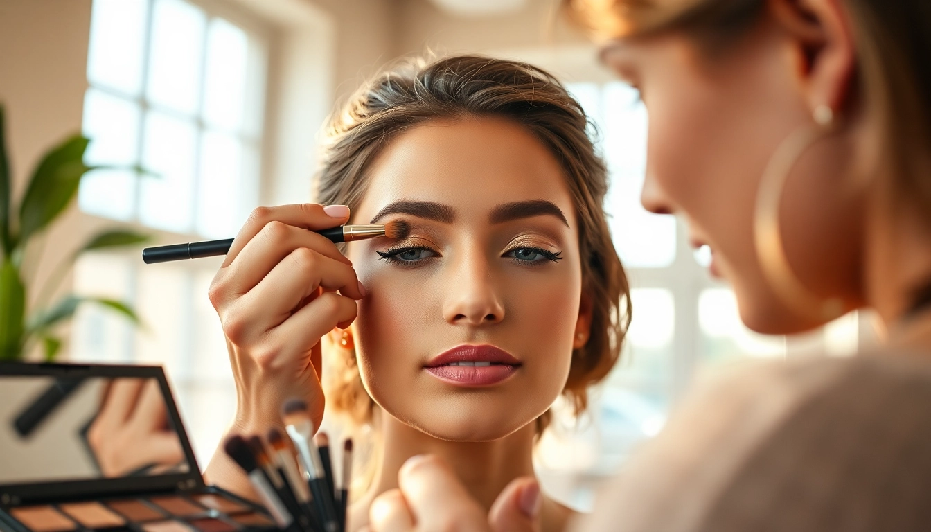 Model showcasing vibrant champagne eyeshadow during a professional makeup application.