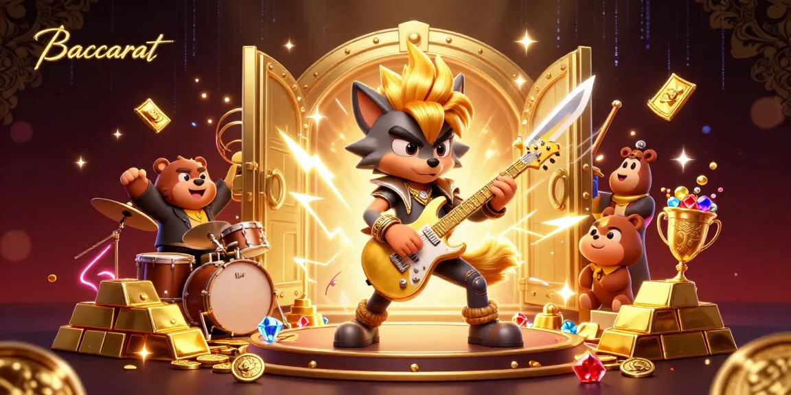 Baccarat action scene featuring a rock star wolf and drummer bear amidst gold treasures.