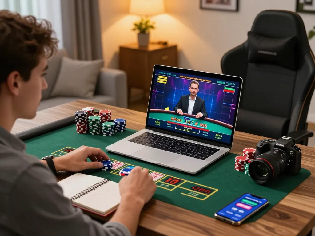 Engaging online baccarat gaming experience with a player at a sleek laptop and vibrant chips.