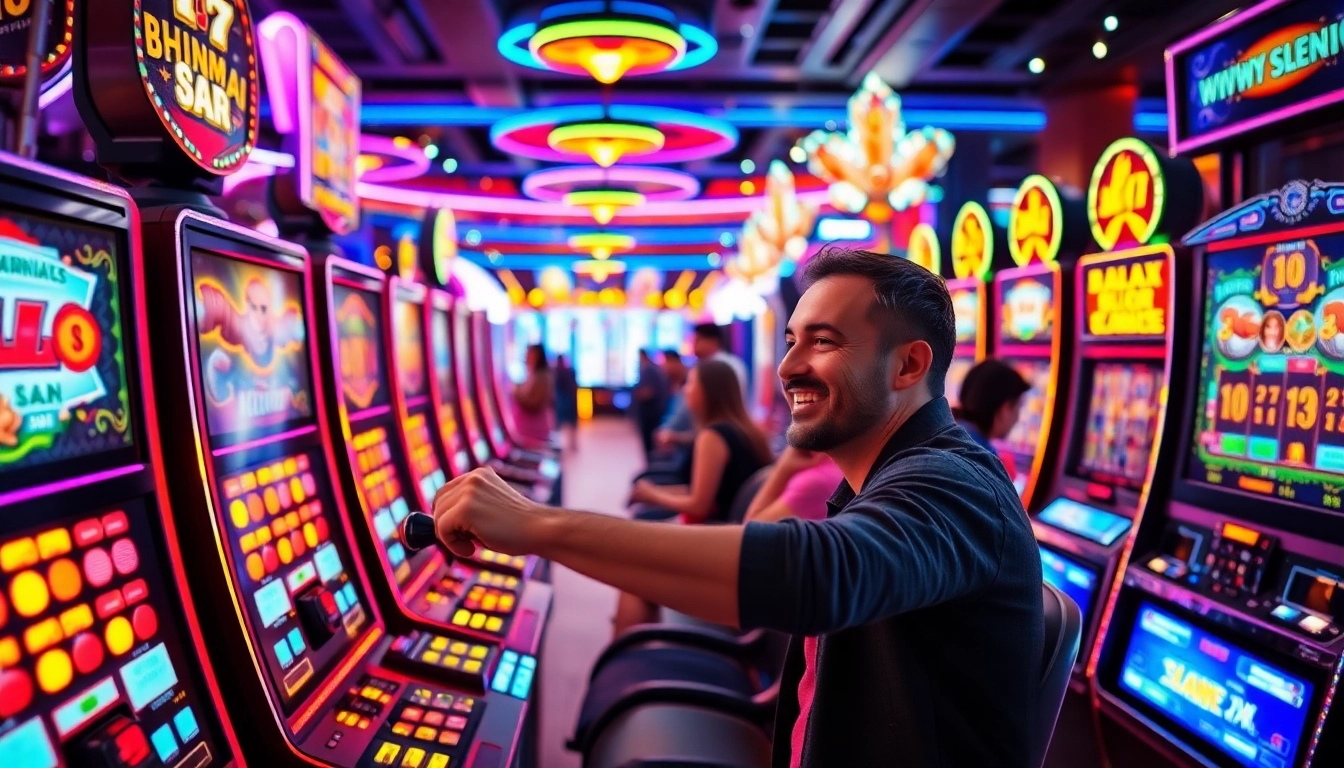 Pemain berinteraksi dengan mesin slot saat menikmati situs slot gacor yang meriah.