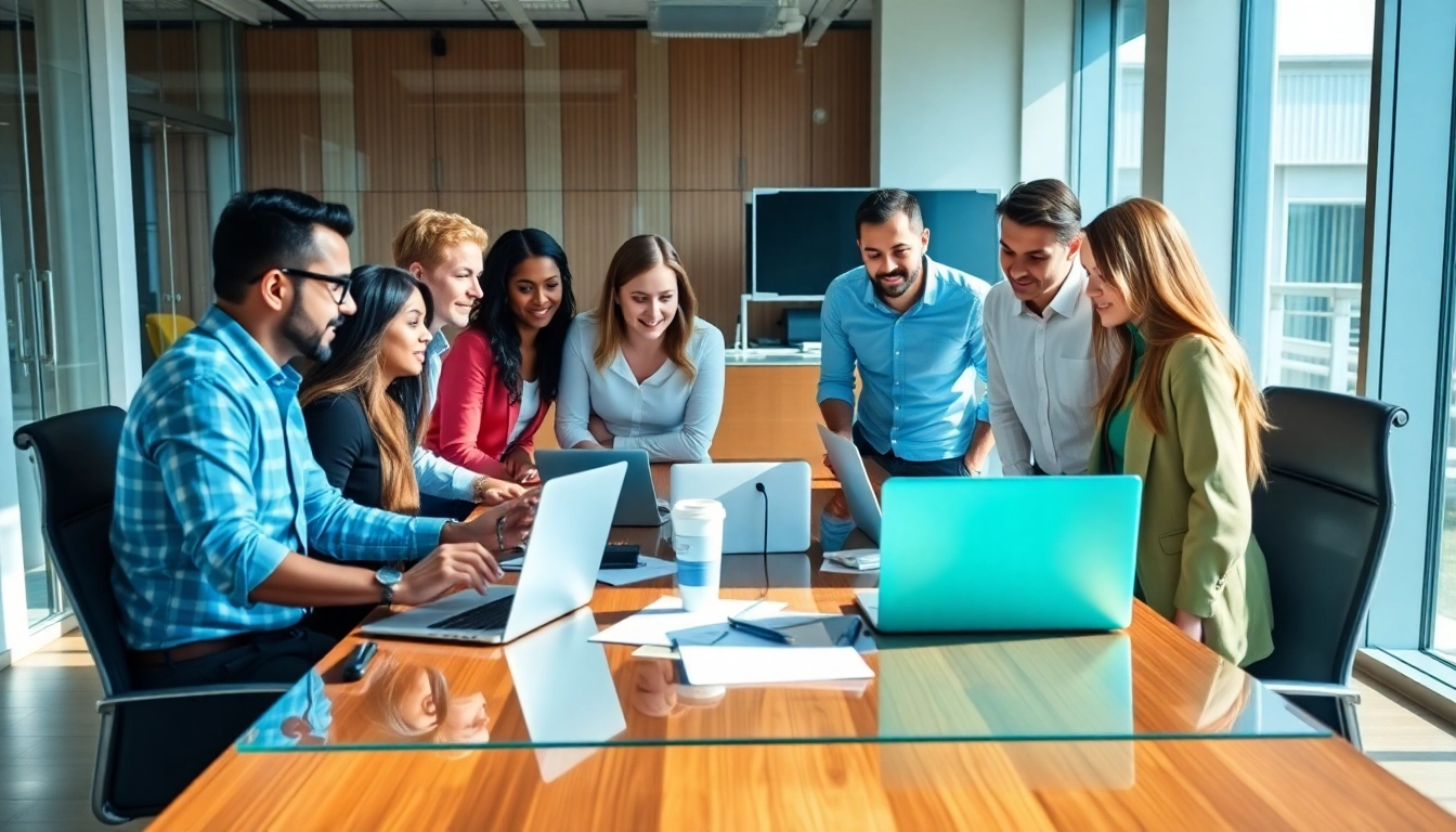 Engaging team discussing edmonton social media marketing strategies in a bright office.