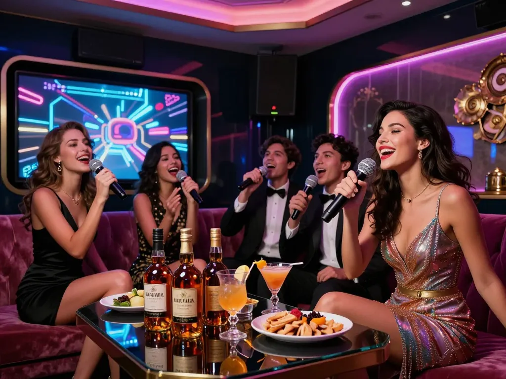 Experience the vibrant atmosphere of high-end karaoke at www.gangnamtune.com, where friends sing and enjoy premium drinks in a luxurious setting.
