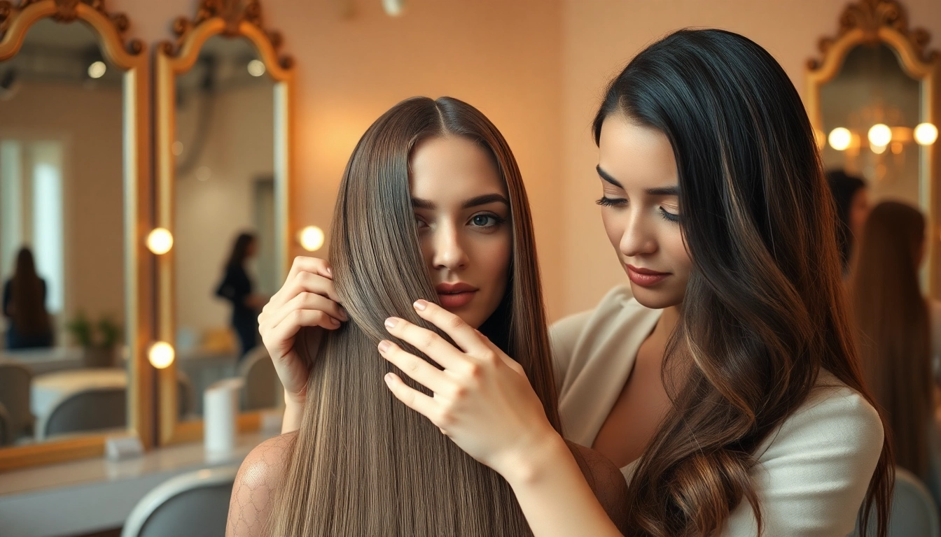 Apply genius weft hair extensions with expert style in a chic salon environment.