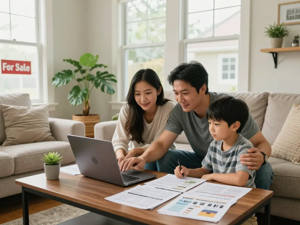Sell my house fast for cash family collaborating in living room, reviewing home listings and finance.