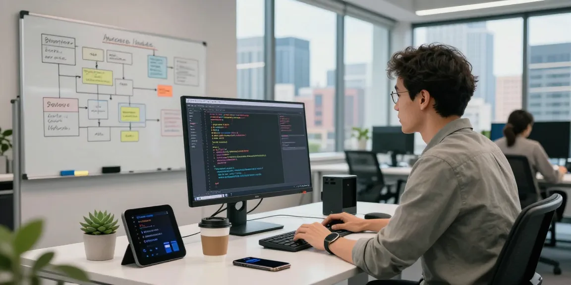Dynamic AI workspace with a developer coding at a tech office, showcasing innovation with crushon tools and collaboration elements.