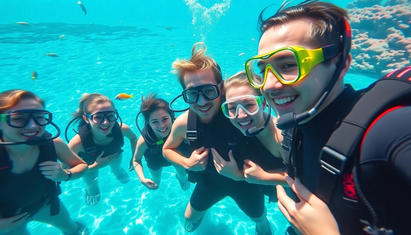 Schnuppertauchen mit einem Tauchlehrer, der einer Gruppe von Anfängern im Meer hilft.