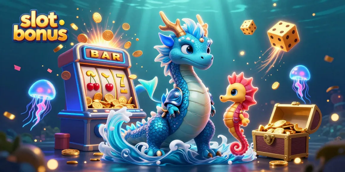 Experience the exciting slot bonus with a vibrant 3D illustration of fantasy creatures surrounded by casino elements.
