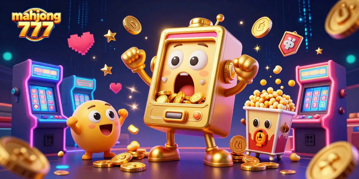 Experience big wins with mahjong 777, featuring a golden slot machine surrounded by cheering slot machines and arcade elements.