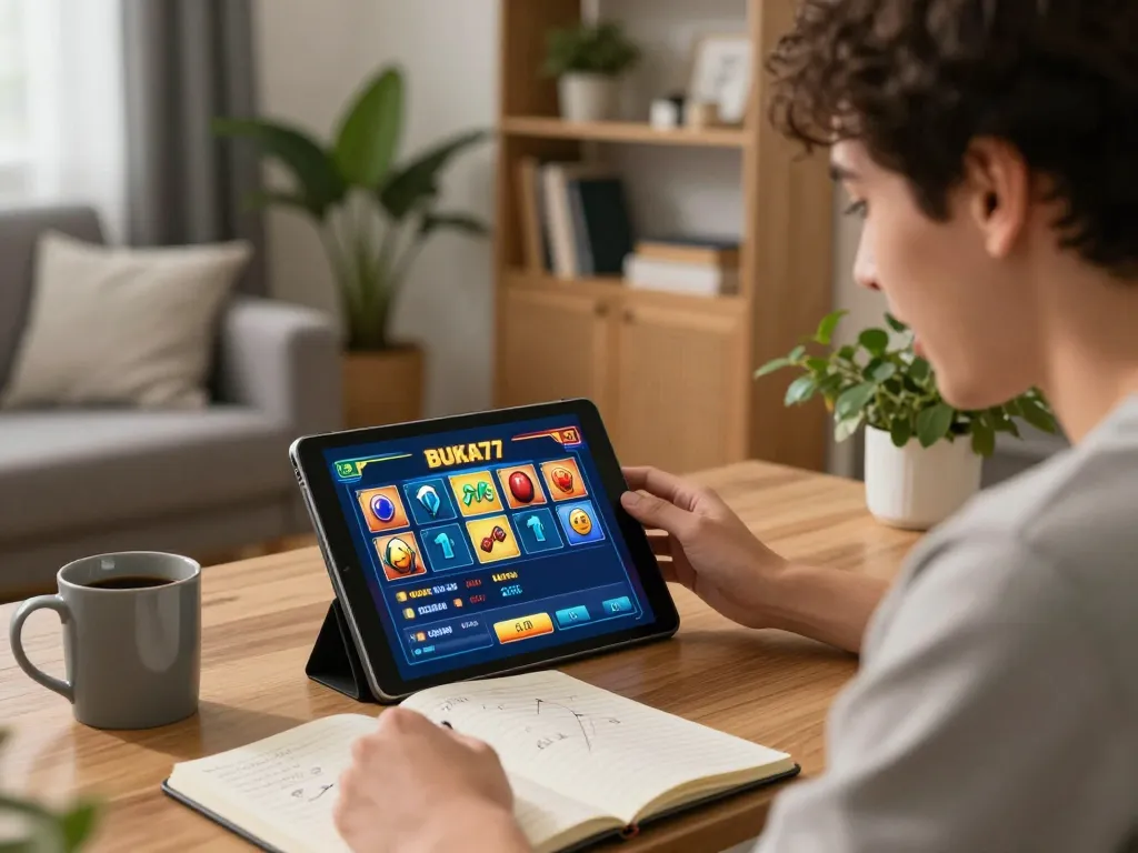 Experience the excitement of BUKA77 SLOT gaming on a tablet in a cozy home setting.