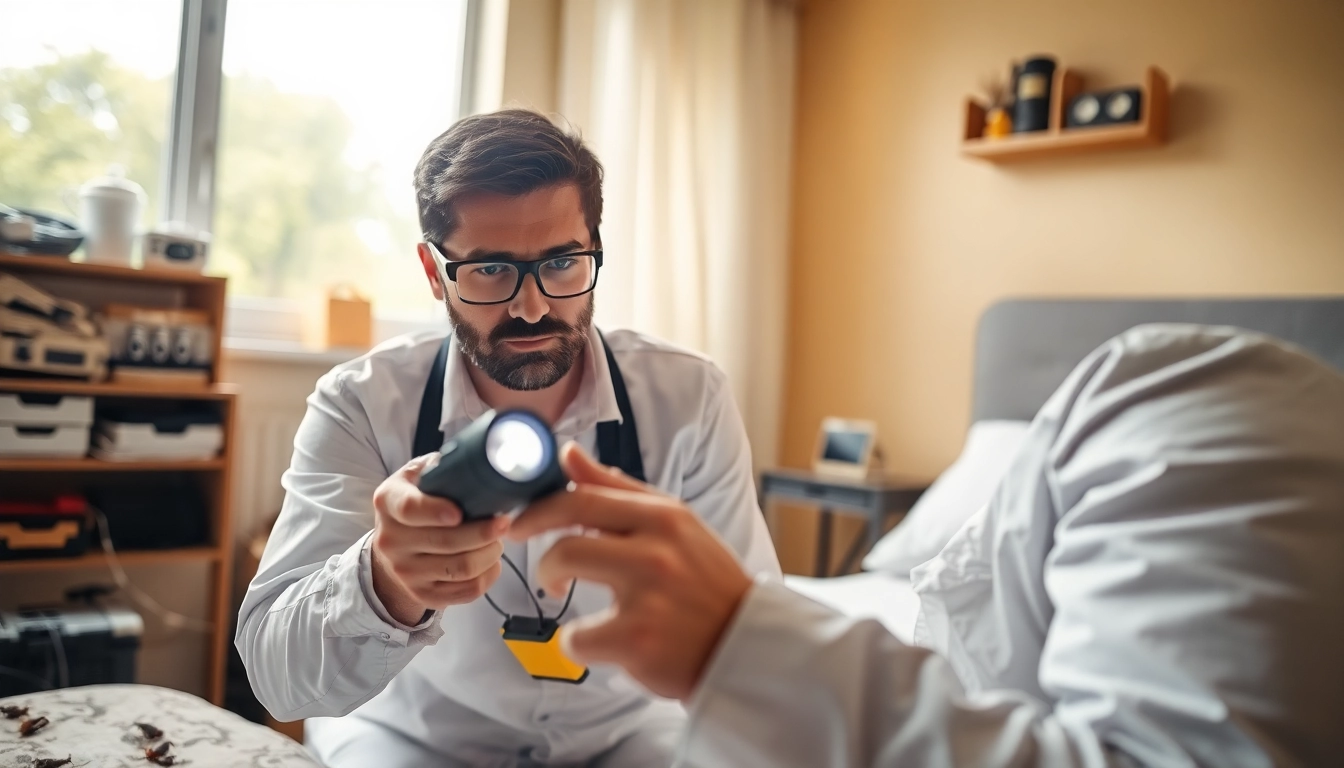 Analyzing bed bug exterminator cost with a pest control expert inspecting a room