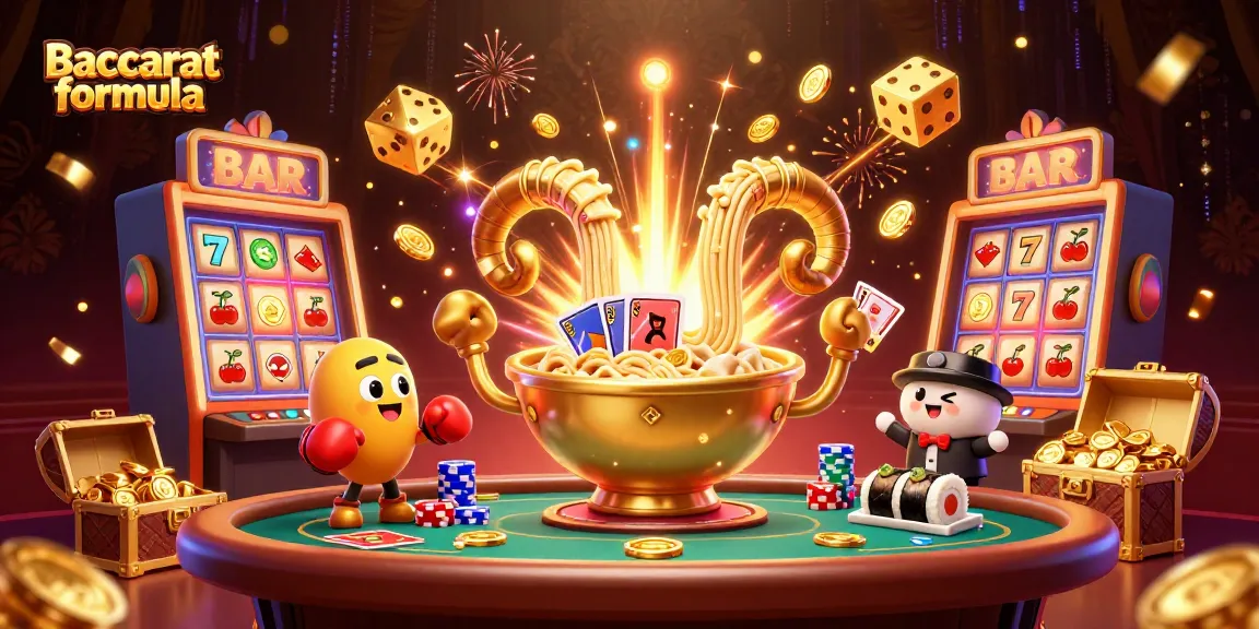 Engage with Baccarat formula as a giant ramen bowl dealer distributes cards amid a vibrant casino scene.