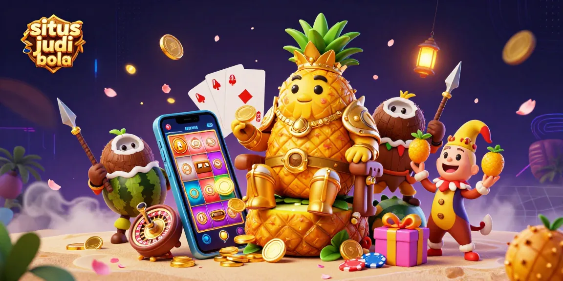 Situs judi bola scene with a golden pineapple king and fun casino elements for engaging gamblers.