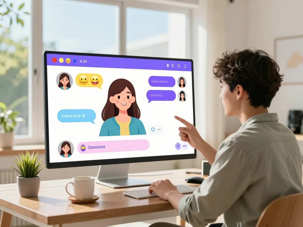 A young adult interacting with an AI girlfriend chatbot, showcasing a vibrant conversation and modern digital elements in a cozy home office.