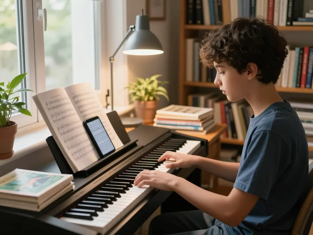 Student playing the go 88 digital piano in a cozy home study, engaging with music lessons.