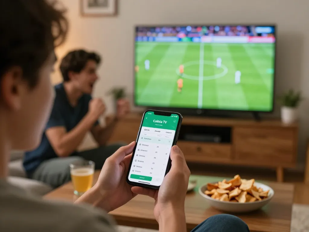 Cakhia TV user checking live betting odds on smartphone during an exciting football match.