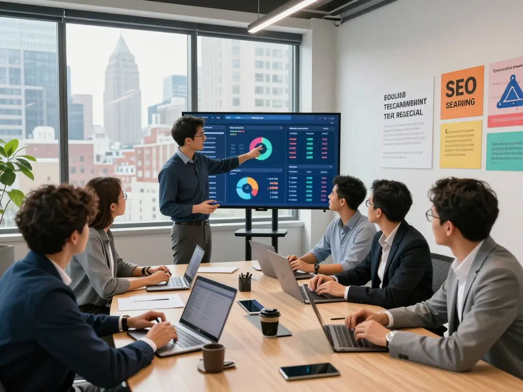 Collaborative team of experts at an NYC SEO Company discussing digital marketing strategies in a modern office